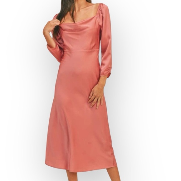 Lush Dresses & Skirts - Lush Pink Mauve Satin Square Neck Long Sleeve Midi Dress Size Small Mauve Woods